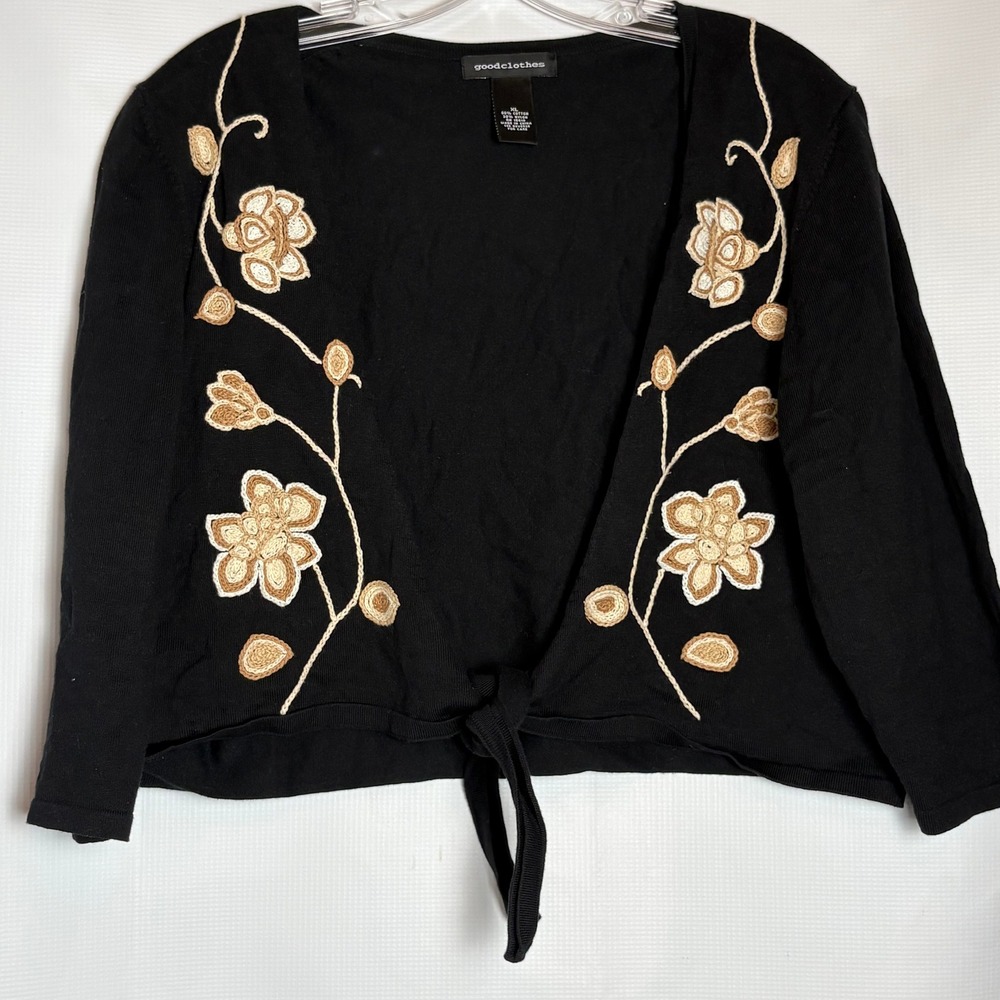 Vtg 90s XL Black Floral Embroidered Tie‎ Front Cropped Cardigan Sweater Cotton